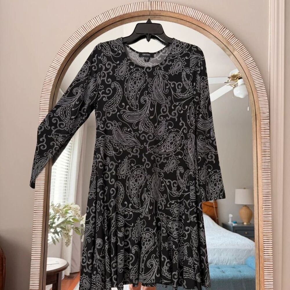 Karen Kane Dress M Black Gray Paisley Fit & Flare Long Sleeve Stretch USA